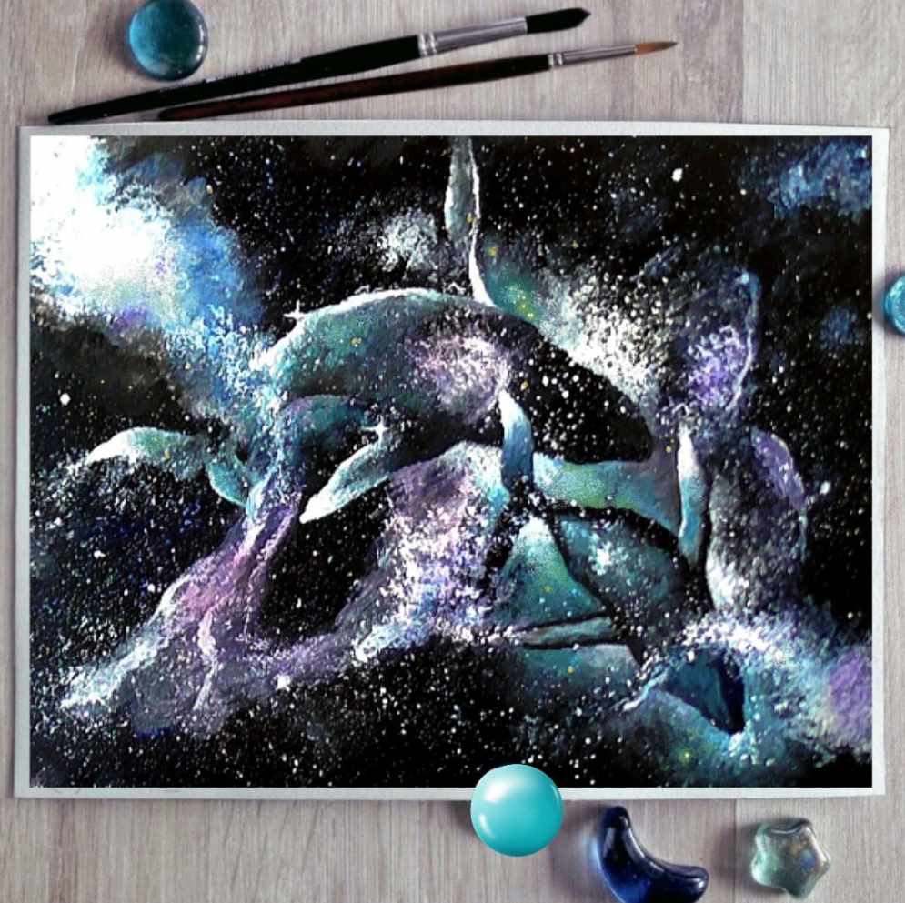 Космические киты в смешанной технике (Юлия Кошелева)